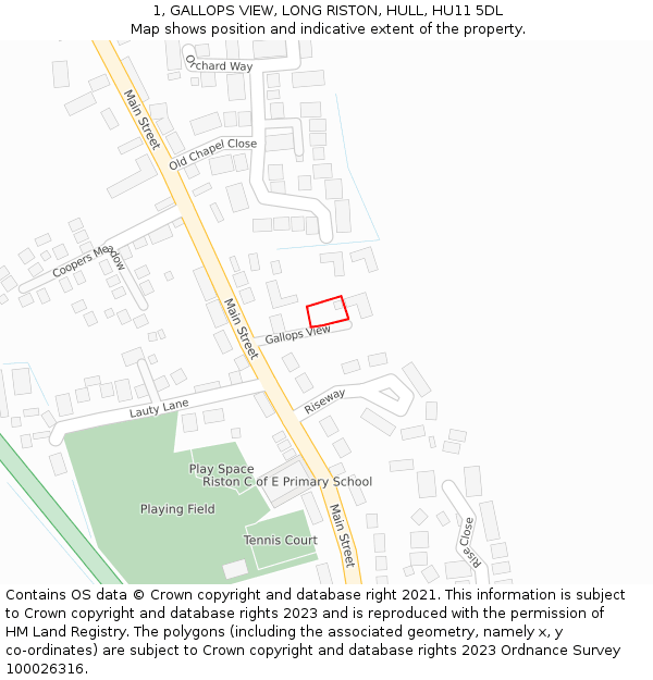 1, GALLOPS VIEW, LONG RISTON, HULL, HU11 5DL: Location map and indicative extent of plot