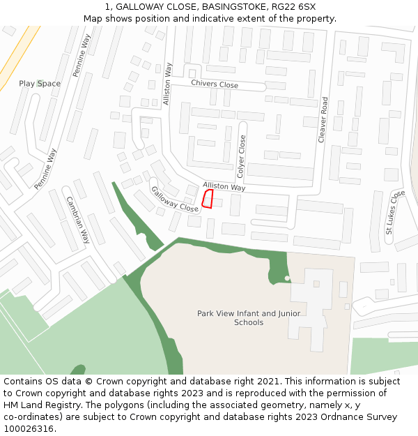 1, GALLOWAY CLOSE, BASINGSTOKE, RG22 6SX: Location map and indicative extent of plot