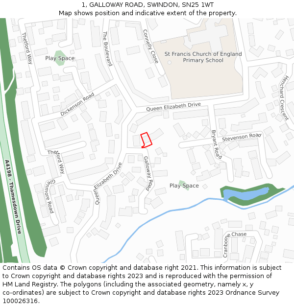 1, GALLOWAY ROAD, SWINDON, SN25 1WT: Location map and indicative extent of plot