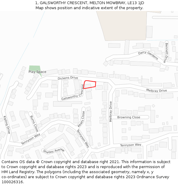 1, GALSWORTHY CRESCENT, MELTON MOWBRAY, LE13 1JD: Location map and indicative extent of plot