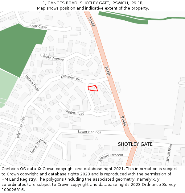 1, GANGES ROAD, SHOTLEY GATE, IPSWICH, IP9 1RJ: Location map and indicative extent of plot