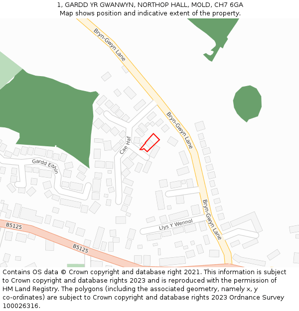 1, GARDD YR GWANWYN, NORTHOP HALL, MOLD, CH7 6GA: Location map and indicative extent of plot