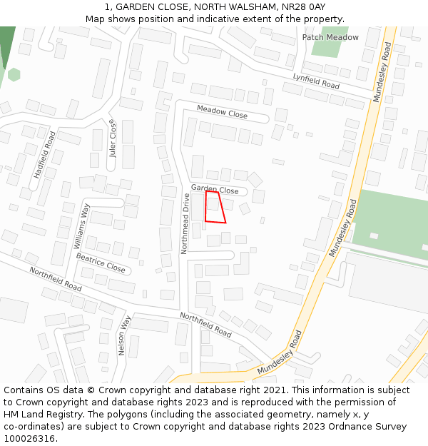 1, GARDEN CLOSE, NORTH WALSHAM, NR28 0AY: Location map and indicative extent of plot