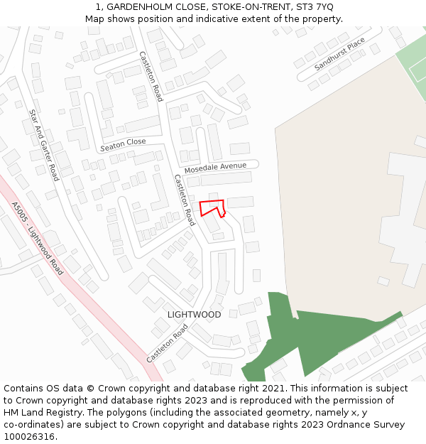 1, GARDENHOLM CLOSE, STOKE-ON-TRENT, ST3 7YQ: Location map and indicative extent of plot