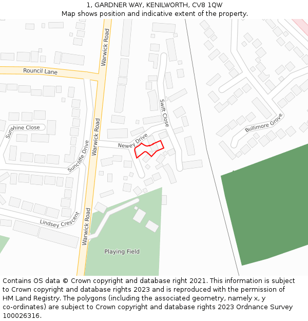 1, GARDNER WAY, KENILWORTH, CV8 1QW: Location map and indicative extent of plot