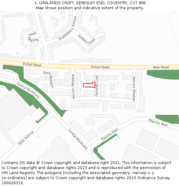 1, GARLANDS CROFT, KERESLEY END, COVENTRY, CV7 8RE: Location map and indicative extent of plot