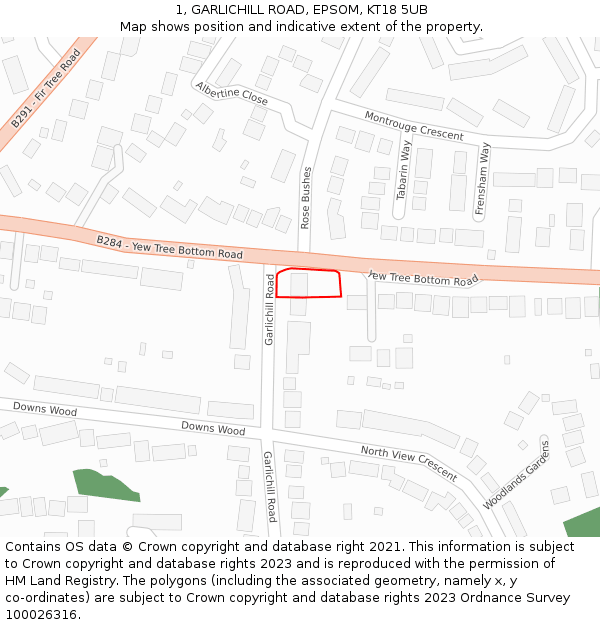 1, GARLICHILL ROAD, EPSOM, KT18 5UB: Location map and indicative extent of plot