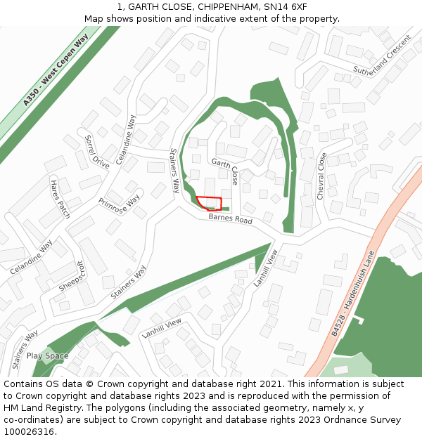 1, GARTH CLOSE, CHIPPENHAM, SN14 6XF: Location map and indicative extent of plot