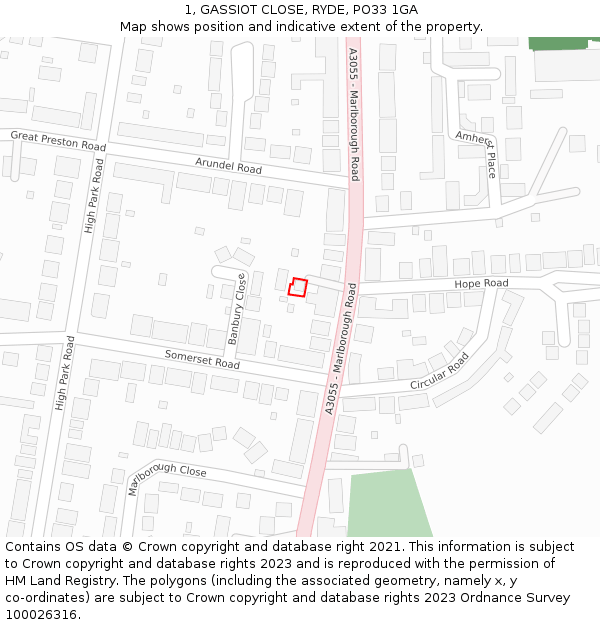 1, GASSIOT CLOSE, RYDE, PO33 1GA: Location map and indicative extent of plot