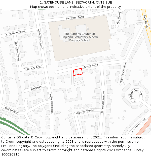 1, GATEHOUSE LANE, BEDWORTH, CV12 8UE: Location map and indicative extent of plot