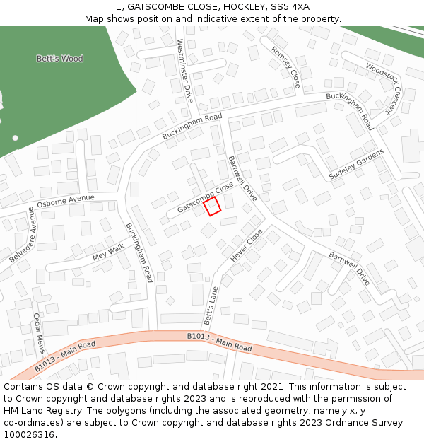 1, GATSCOMBE CLOSE, HOCKLEY, SS5 4XA: Location map and indicative extent of plot