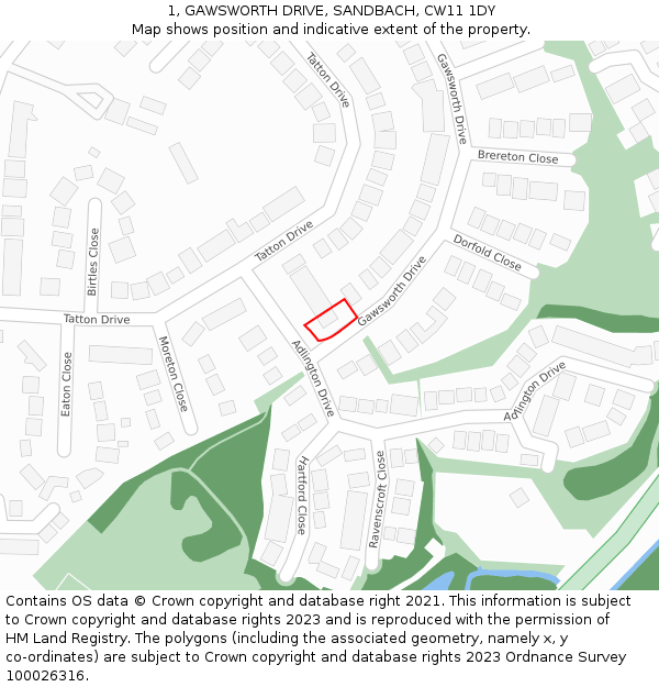 1, GAWSWORTH DRIVE, SANDBACH, CW11 1DY: Location map and indicative extent of plot