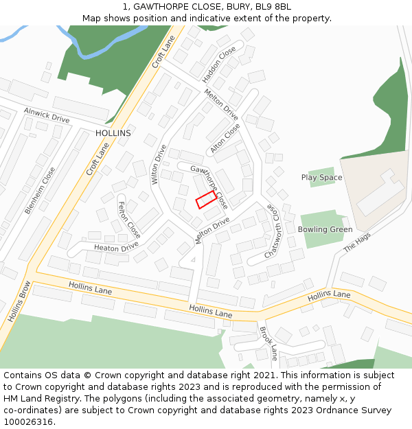 1, GAWTHORPE CLOSE, BURY, BL9 8BL: Location map and indicative extent of plot