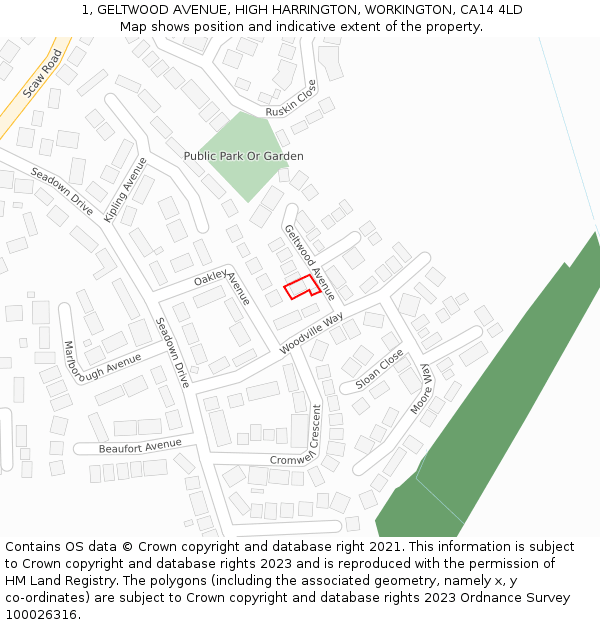 1, GELTWOOD AVENUE, HIGH HARRINGTON, WORKINGTON, CA14 4LD: Location map and indicative extent of plot