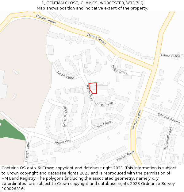1, GENTIAN CLOSE, CLAINES, WORCESTER, WR3 7LQ: Location map and indicative extent of plot