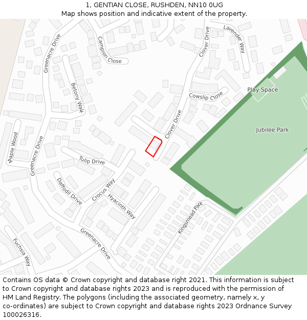 1, GENTIAN CLOSE, RUSHDEN, NN10 0UG: Location map and indicative extent of plot