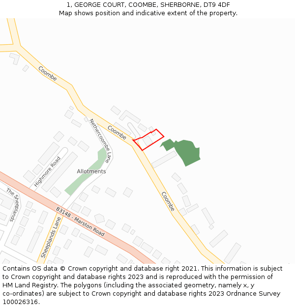 1, GEORGE COURT, COOMBE, SHERBORNE, DT9 4DF: Location map and indicative extent of plot