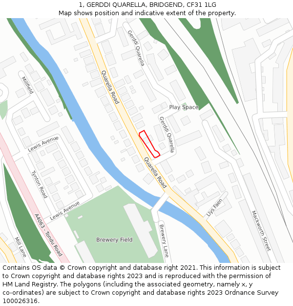 1, GERDDI QUARELLA, BRIDGEND, CF31 1LG: Location map and indicative extent of plot