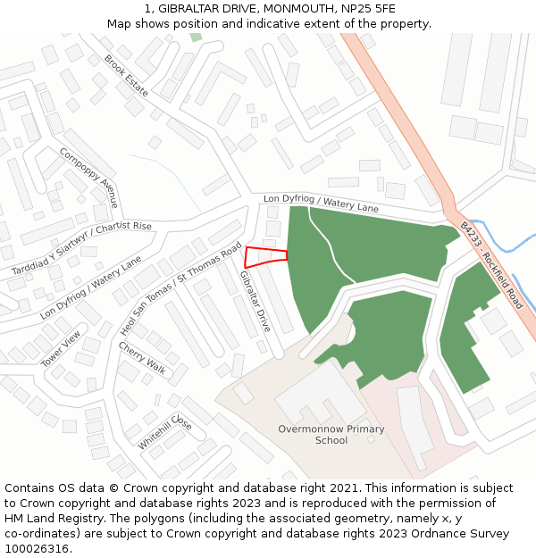 1, GIBRALTAR DRIVE, MONMOUTH, NP25 5FE: Location map and indicative extent of plot