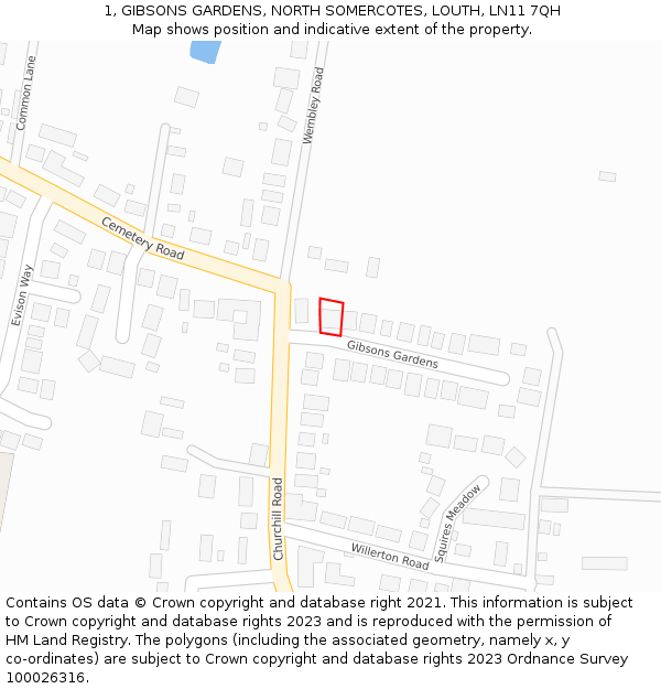 1, GIBSONS GARDENS, NORTH SOMERCOTES, LOUTH, LN11 7QH: Location map and indicative extent of plot