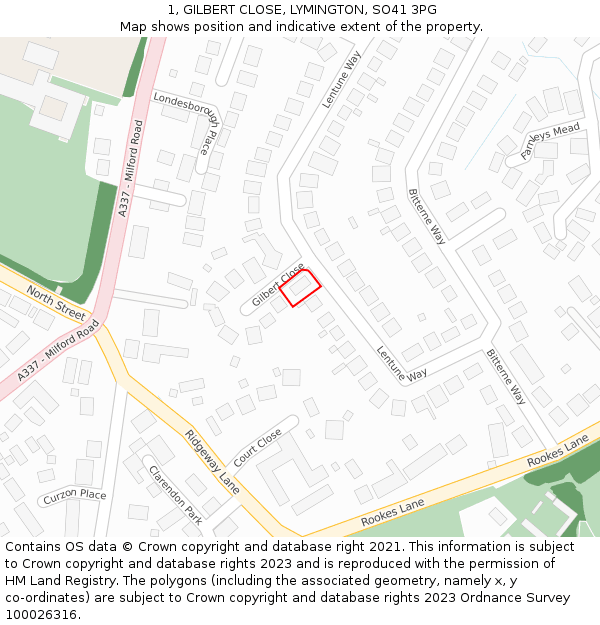 1, GILBERT CLOSE, LYMINGTON, SO41 3PG: Location map and indicative extent of plot