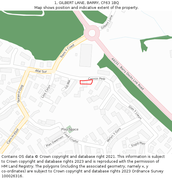 1, GILBERT LANE, BARRY, CF63 1BQ: Location map and indicative extent of plot