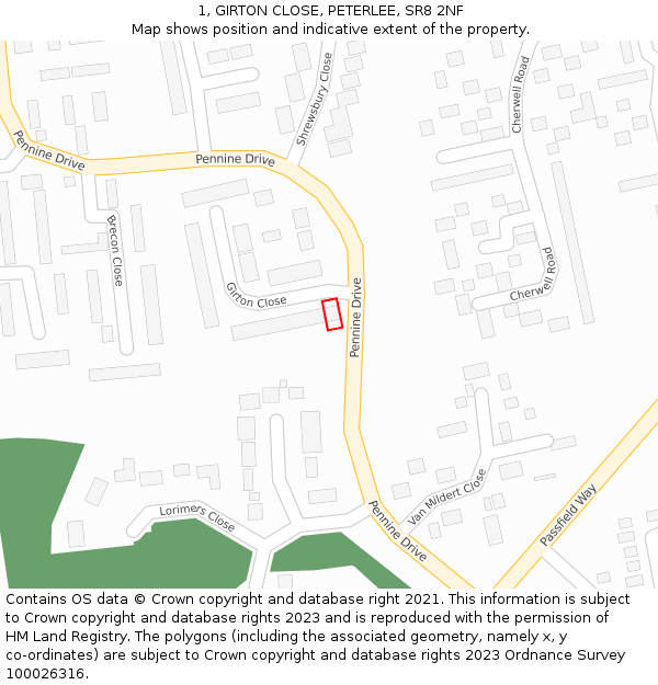 1, GIRTON CLOSE, PETERLEE, SR8 2NF: Location map and indicative extent of plot