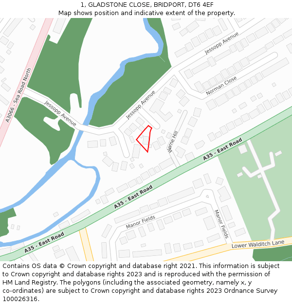 1, GLADSTONE CLOSE, BRIDPORT, DT6 4EF: Location map and indicative extent of plot