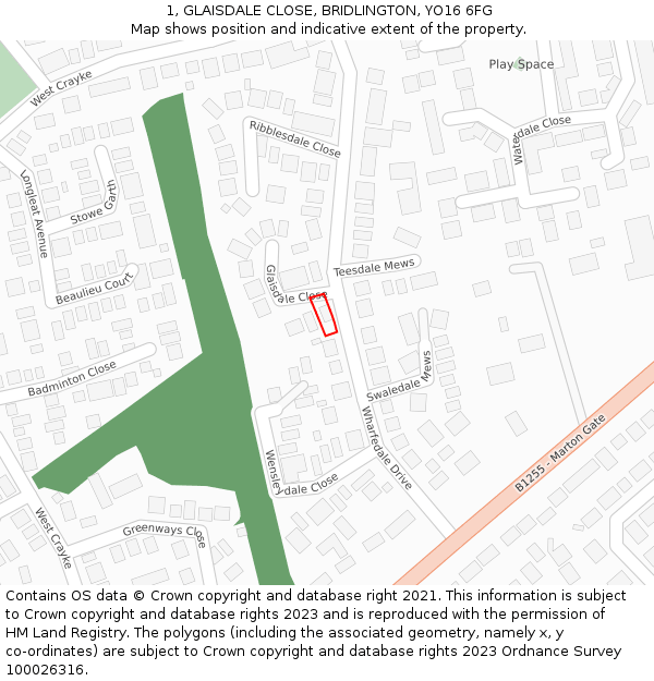 1, GLAISDALE CLOSE, BRIDLINGTON, YO16 6FG: Location map and indicative extent of plot