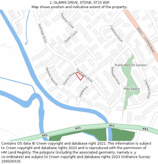 1, GLAMIS DRIVE, STONE, ST15 8SP: Location map and indicative extent of plot