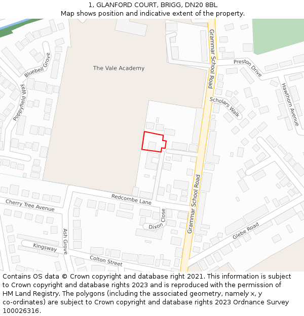 1, GLANFORD COURT, BRIGG, DN20 8BL: Location map and indicative extent of plot