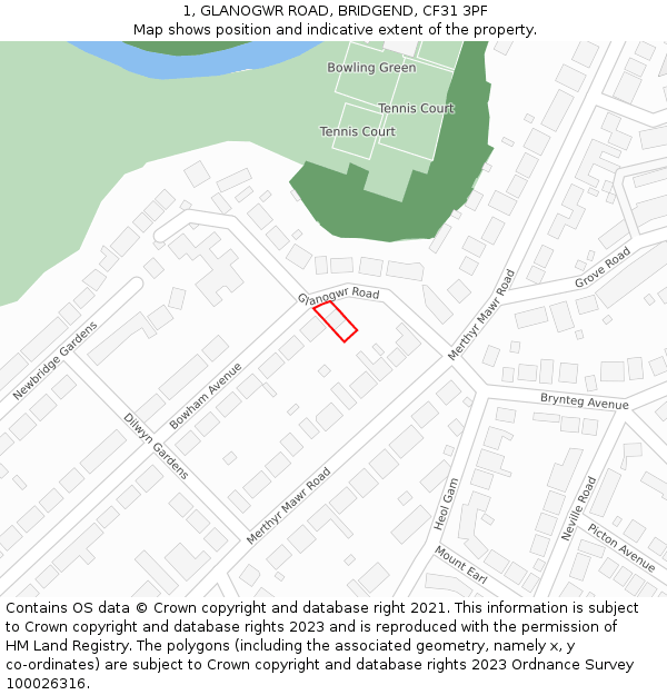 1, GLANOGWR ROAD, BRIDGEND, CF31 3PF: Location map and indicative extent of plot