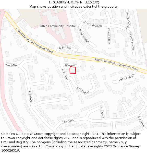 1, GLASFRYN, RUTHIN, LL15 1RQ: Location map and indicative extent of plot