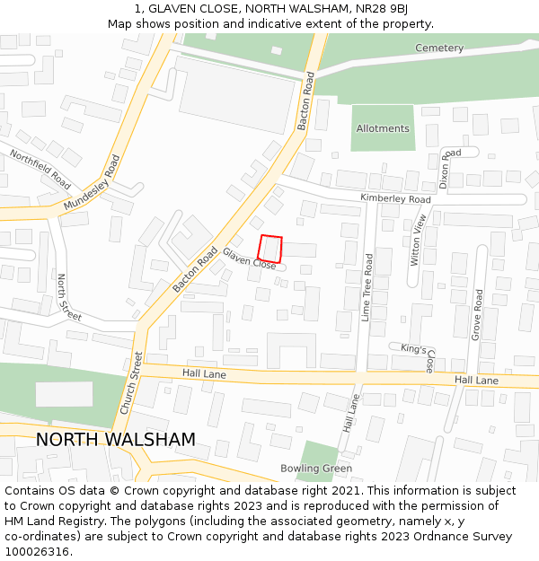 1, GLAVEN CLOSE, NORTH WALSHAM, NR28 9BJ: Location map and indicative extent of plot