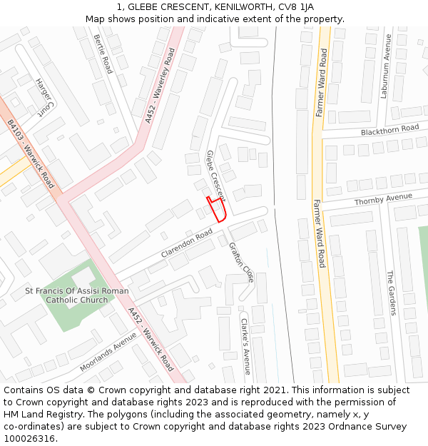 1, GLEBE CRESCENT, KENILWORTH, CV8 1JA: Location map and indicative extent of plot