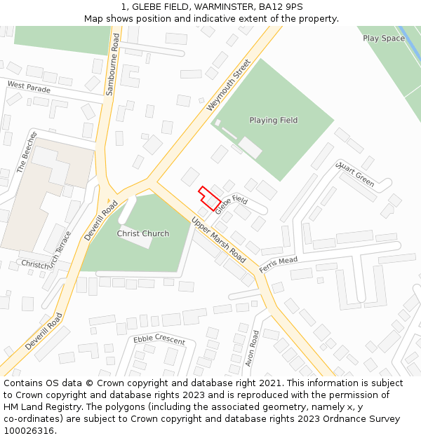 1, GLEBE FIELD, WARMINSTER, BA12 9PS: Location map and indicative extent of plot