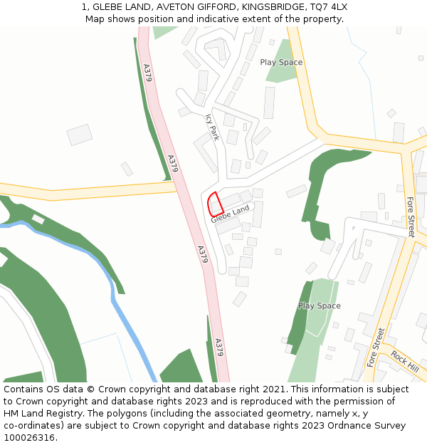 1, GLEBE LAND, AVETON GIFFORD, KINGSBRIDGE, TQ7 4LX: Location map and indicative extent of plot