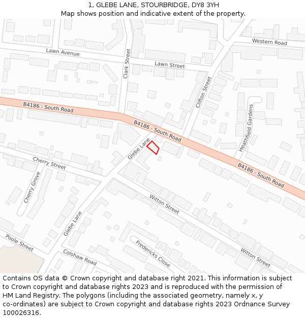 1, GLEBE LANE, STOURBRIDGE, DY8 3YH: Location map and indicative extent of plot