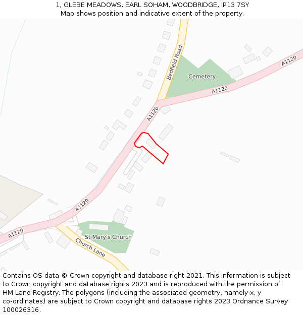 1, GLEBE MEADOWS, EARL SOHAM, WOODBRIDGE, IP13 7SY: Location map and indicative extent of plot