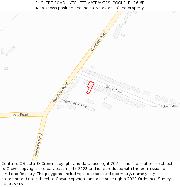 1, GLEBE ROAD, LYTCHETT MATRAVERS, POOLE, BH16 6EJ: Location map and indicative extent of plot