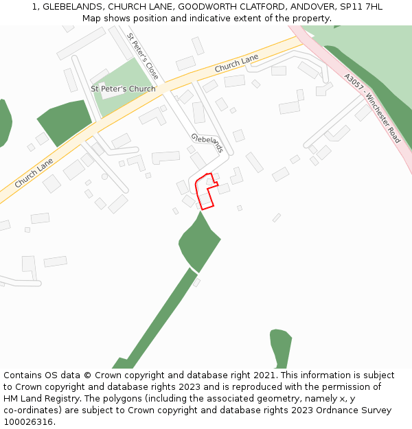 1, GLEBELANDS, CHURCH LANE, GOODWORTH CLATFORD, ANDOVER, SP11 7HL: Location map and indicative extent of plot