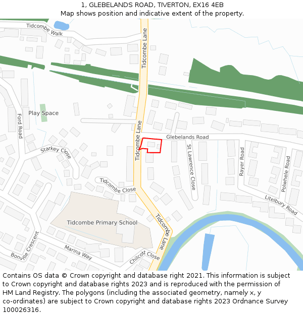 1, GLEBELANDS ROAD, TIVERTON, EX16 4EB: Location map and indicative extent of plot