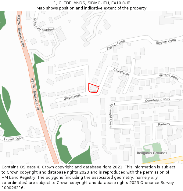 1, GLEBELANDS, SIDMOUTH, EX10 8UB: Location map and indicative extent of plot