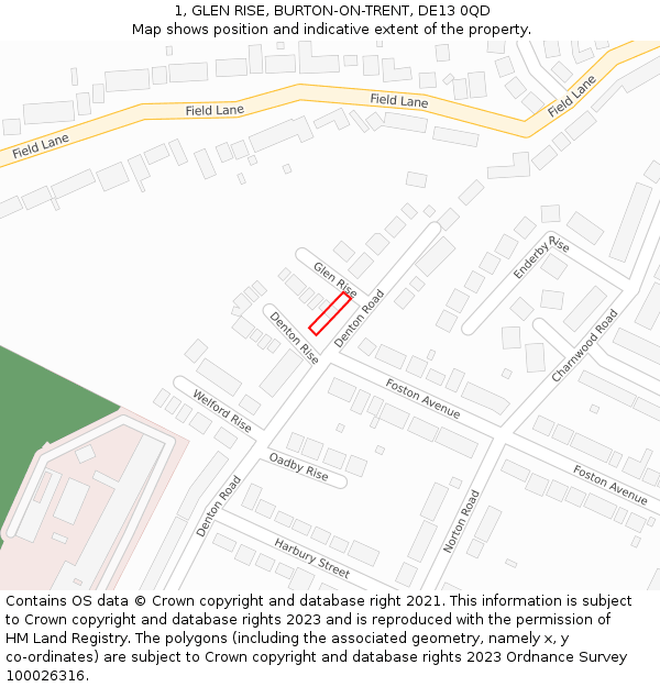 1, GLEN RISE, BURTON-ON-TRENT, DE13 0QD: Location map and indicative extent of plot