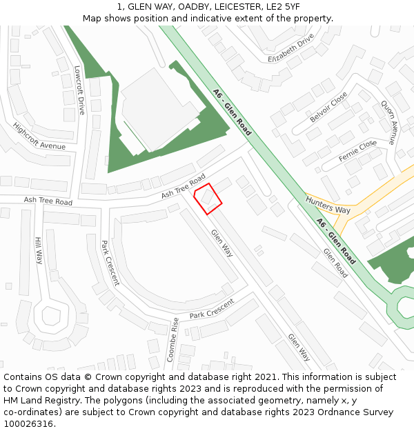 1, GLEN WAY, OADBY, LEICESTER, LE2 5YF: Location map and indicative extent of plot