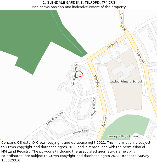 1, GLENDALE GARDENS, TELFORD, TF4 2RG: Location map and indicative extent of plot