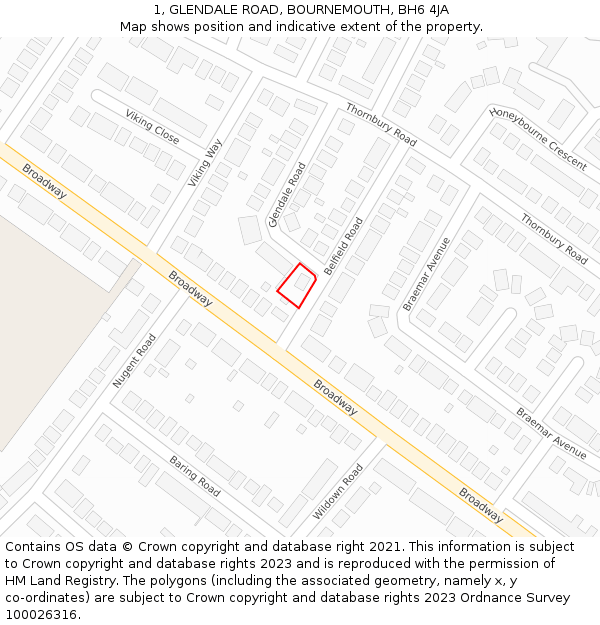 1, GLENDALE ROAD, BOURNEMOUTH, BH6 4JA: Location map and indicative extent of plot