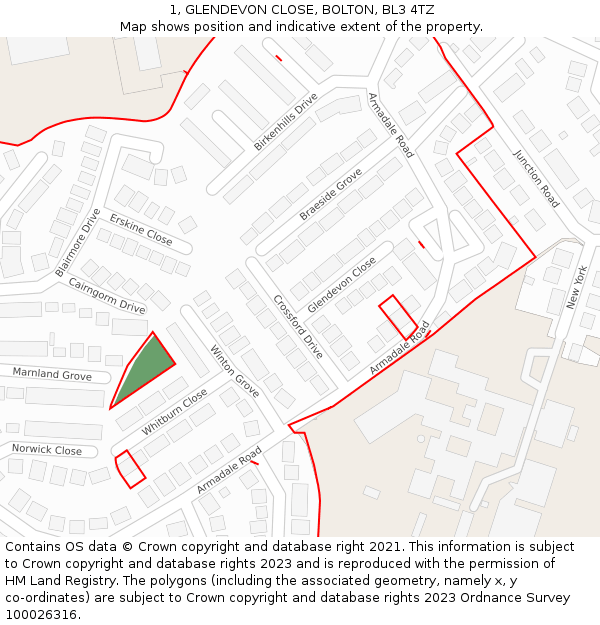1, GLENDEVON CLOSE, BOLTON, BL3 4TZ: Location map and indicative extent of plot