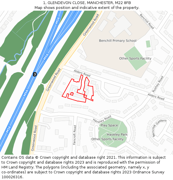 1, GLENDEVON CLOSE, MANCHESTER, M22 8FB: Location map and indicative extent of plot