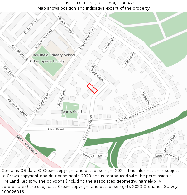 1, GLENFIELD CLOSE, OLDHAM, OL4 3AB: Location map and indicative extent of plot